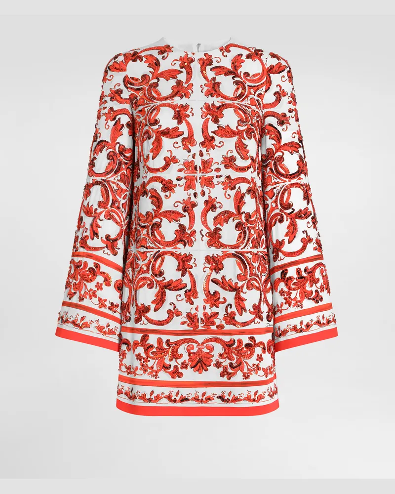Dolce & Gabbana Kleid Aus Charmeuse Mit Stickerei In Maiolika-print - Frau Kleider Mehrfarbig Mehrfarbig