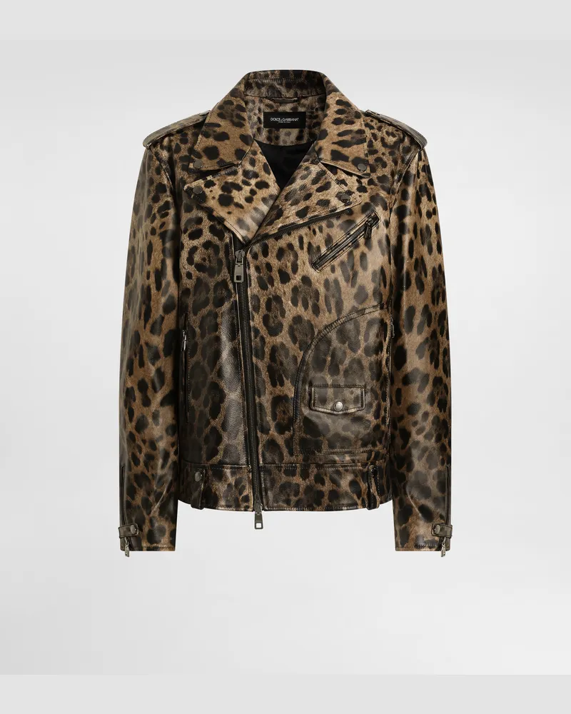 Dolce & Gabbana Lederjacke Aus Leder Mit Leo-print - Frau Mäntel Und Jacken Animalprint Drucken