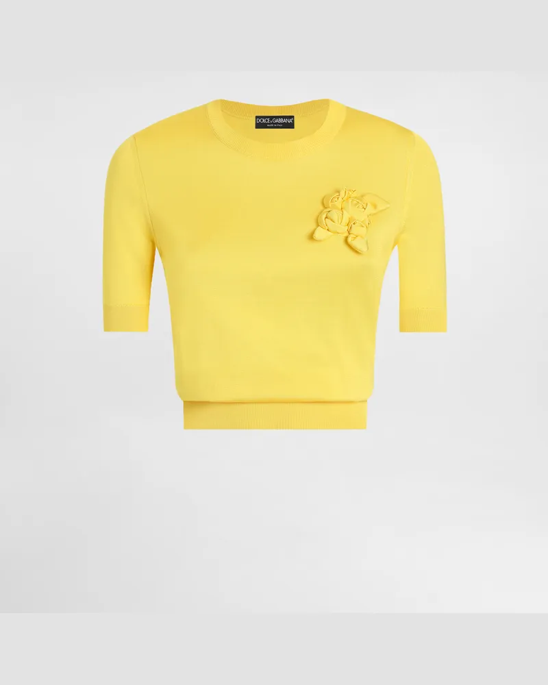 Dolce & Gabbana Kurzarmpullover Aus Seide Mit Blumenverzierung - Frau Strickwaren Gelb Gelb