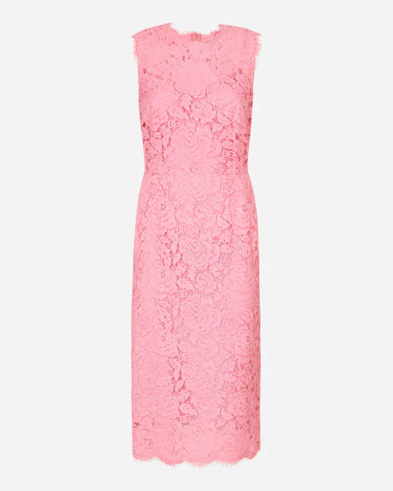 Dolce & Gabbana Branded Stretch Lace Calf-length Dress - Frau Kleider Rosa Spitze Rosa