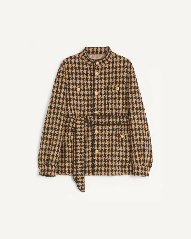 Valentino Garavani Valentino Safarijacke Aus Wolle Mit Gürtel Und Hahnentrittmuster Mann SCHWARZ Schwarz