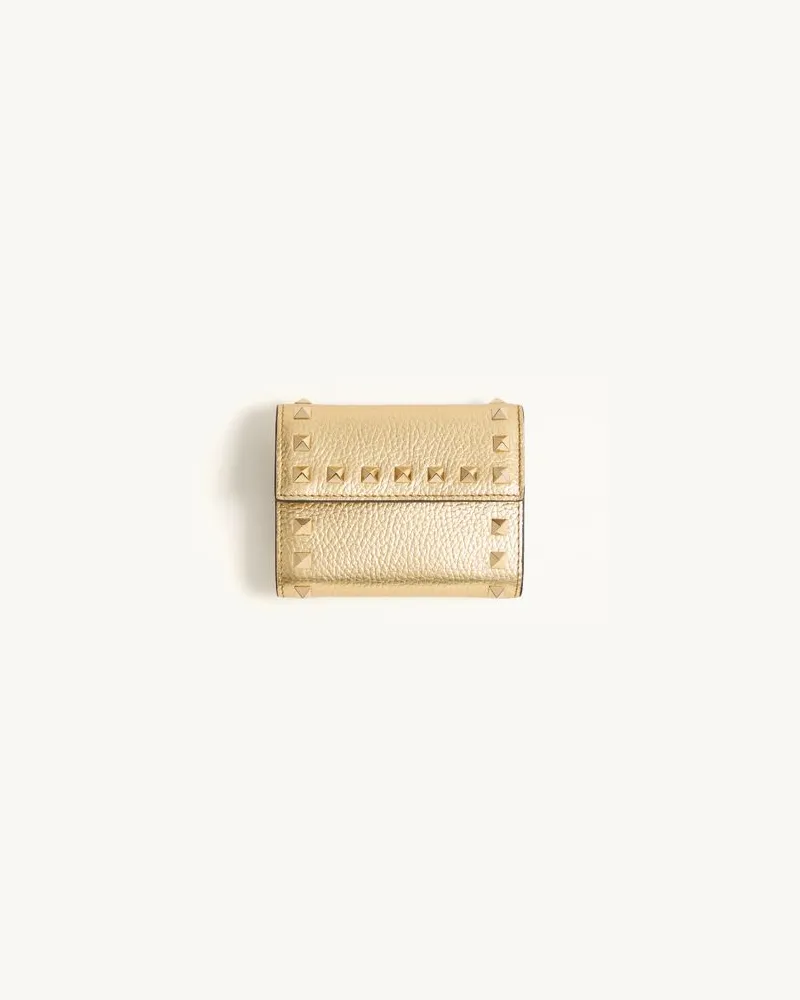 Valentino Garavani Rockstud Trifold Portemonnaie Aus Beschichtetem, Genarbtem Kalbsleder Frau ANTIQUE BRASS Antique