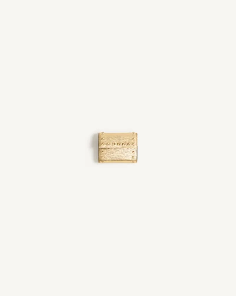 Valentino Garavani Rockstud Trifold Portemonnaie Aus Beschichtetem, Genarbtem Kalbsleder Frau ANTIQUE BRASS Antique