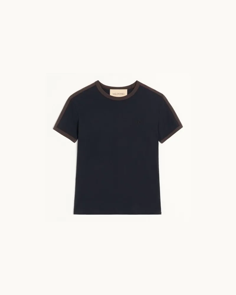 Valentino Garavani T-Shirt aus Baumwolle von Valentino mit Rundhalsausschnitt, kontrastierenden Seitenstreifen und VLogo-Stickerei Mann MARINEBLAU/BRAUN Marineblau