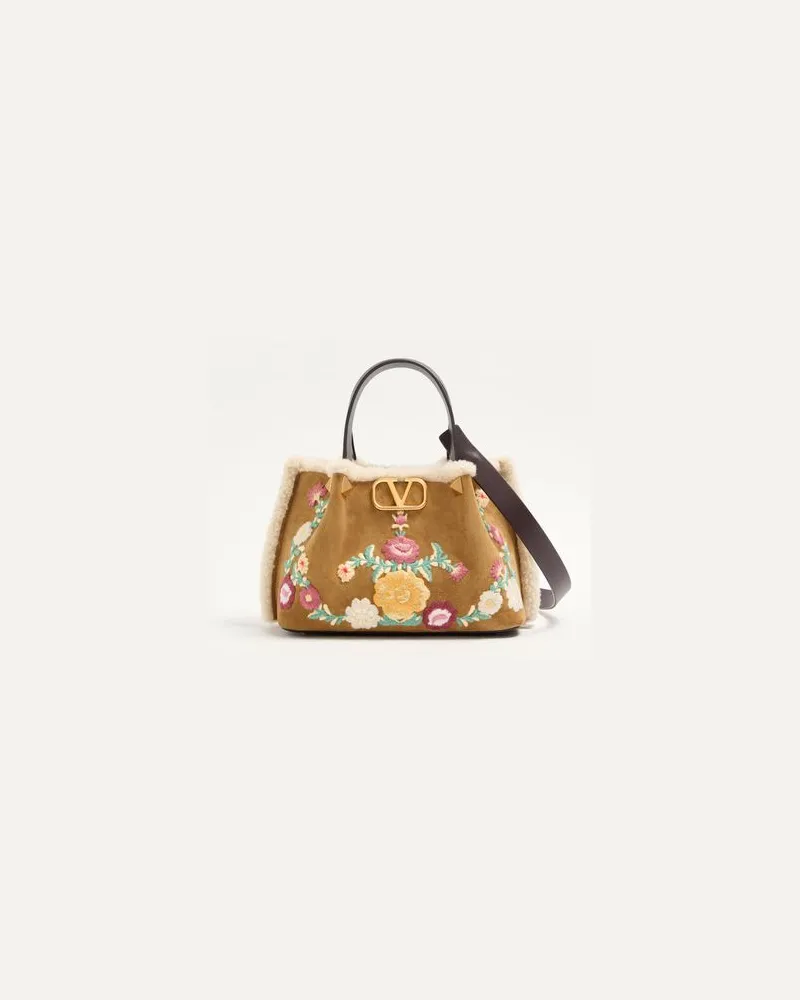 Valentino Garavani Valentino Garavani kleine Einkaufstasche aus besticktem Wildleder mit Schaffellfutter Frau HAVANA BEIGE Havana