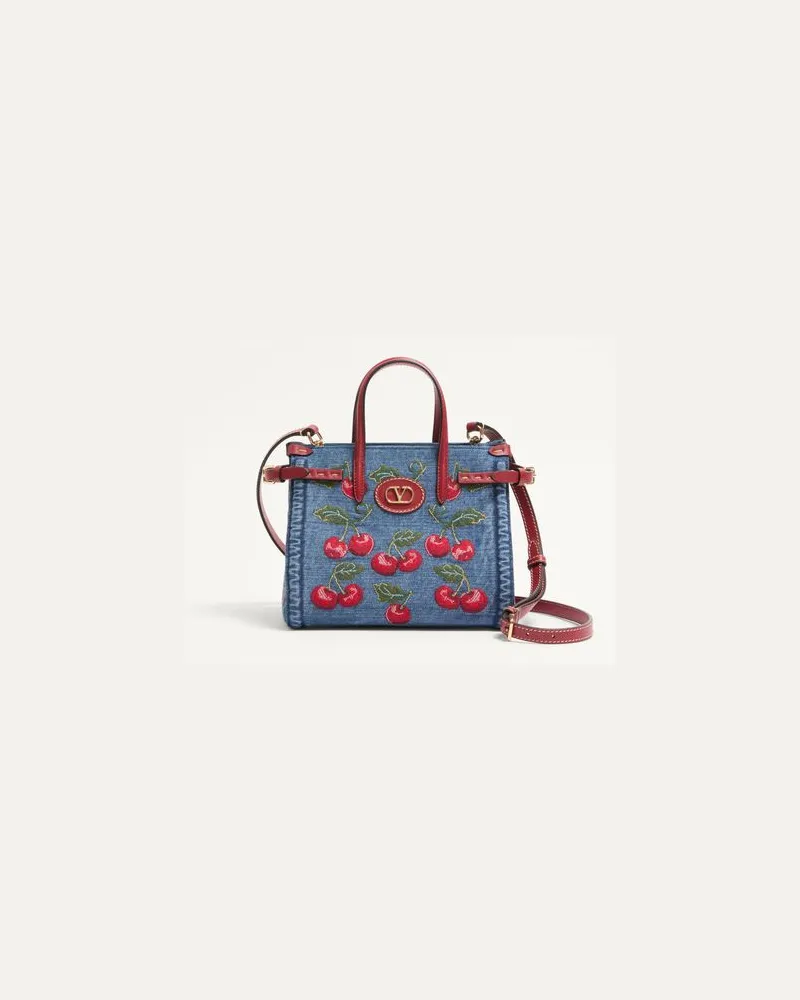 Valentino Garavani Valentino Garavani Antibes Kleiner Shopper Aus Denim Mit Cherryfic-Stickerei Frau DENIM/MULTICOLOR Denim