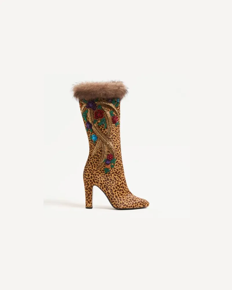 Valentino Garavani Hotty Boot aus Kalbsleder in Pony-Effekt mit Blumenstickerei und Fell 100 mm Frau ANIMALIER Animalier