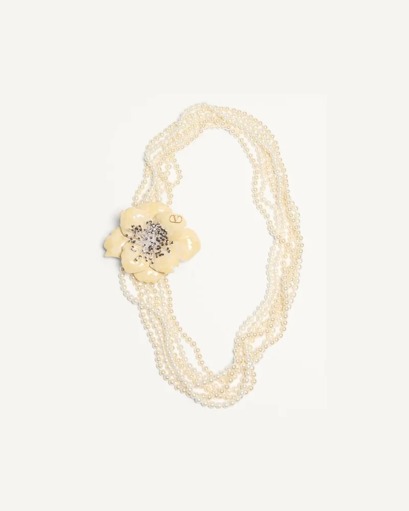 Valentino Garavani Fleur Lumineuse Halskette Aus Metall, Emaille, Perlen Und Stoff Frau GOLD/CREME Gold