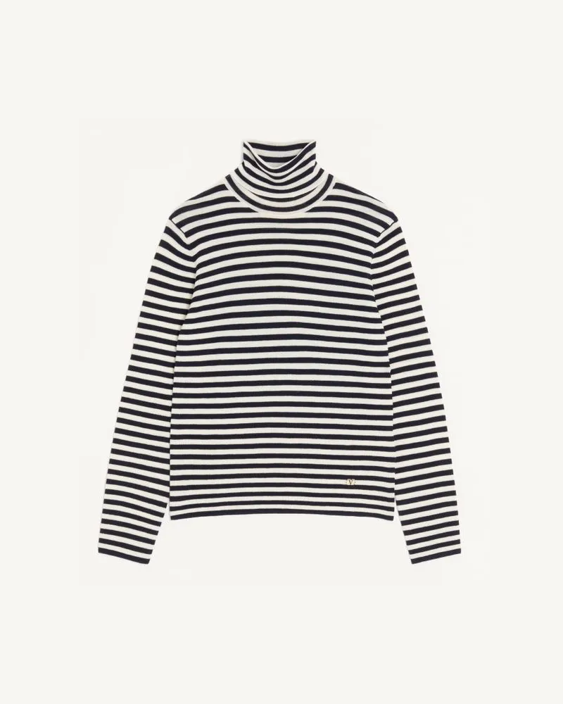 Valentino Garavani Valentino Hochgeschlossener Pullover aus Wolle mit VLogo Patch Mann ELFENBEIN/NAVY Elfenbein