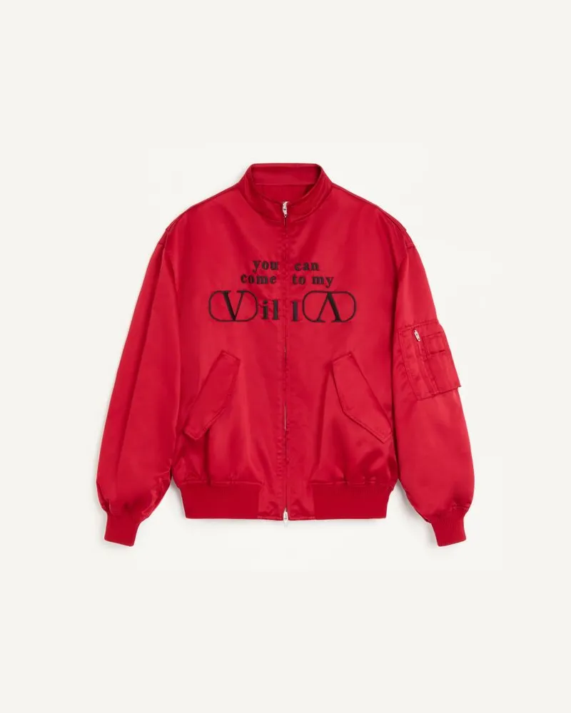 Valentino Garavani Valentino Bomberjacke aus Nylonsatin mit YOU CAN COME TO MY VILLA Stickerei Mann ROT Rot