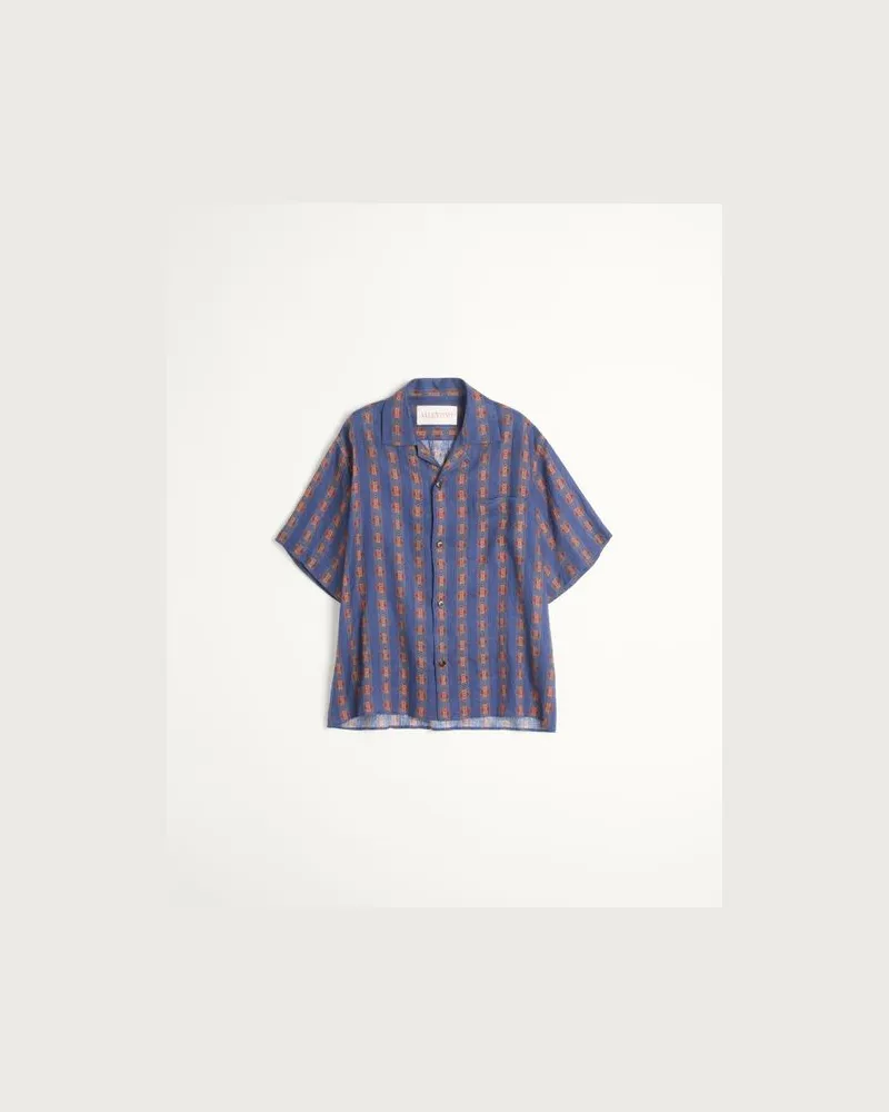 Valentino Garavani Bowlinghemd Aus Leinen Mit Voyage Imaginaire-Print Mann BLAU/ORANGE Blau