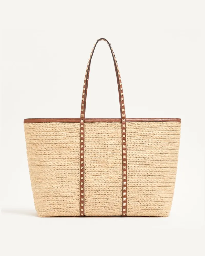 Valentino Garavani Valentino Garavani Rockstud-Shopper aus Raffia Frau NATUR/SADDLE BROWN Natur