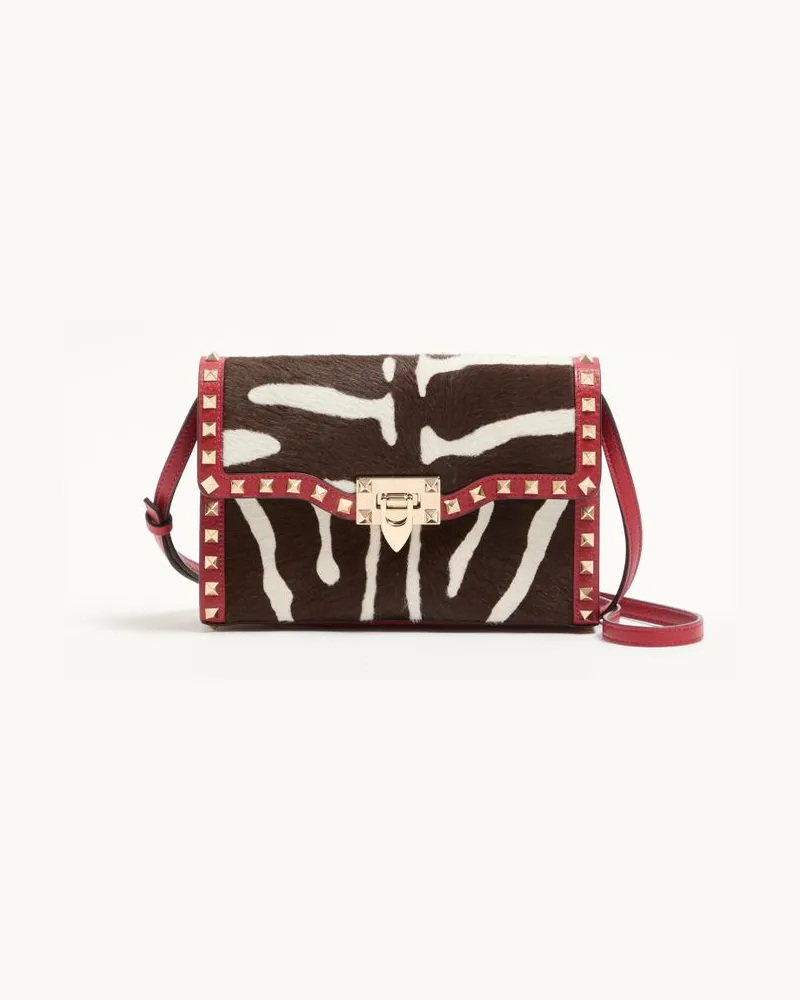 Valentino Garavani Kleine Valentino Garavani Rockstud Schultertasche aus Kalbsleder mit Pony-Effekt Frau WEIß/BRAUN/ROT Weiß