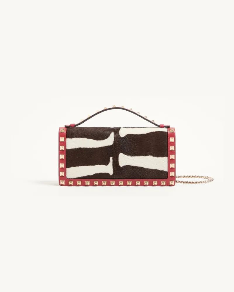 Valentino Garavani Rockstud Geldbörse Mit Kette Aus Kalbsleder mit Pony-Effekt Frau WEIß/BRAUN/ROT Weiß