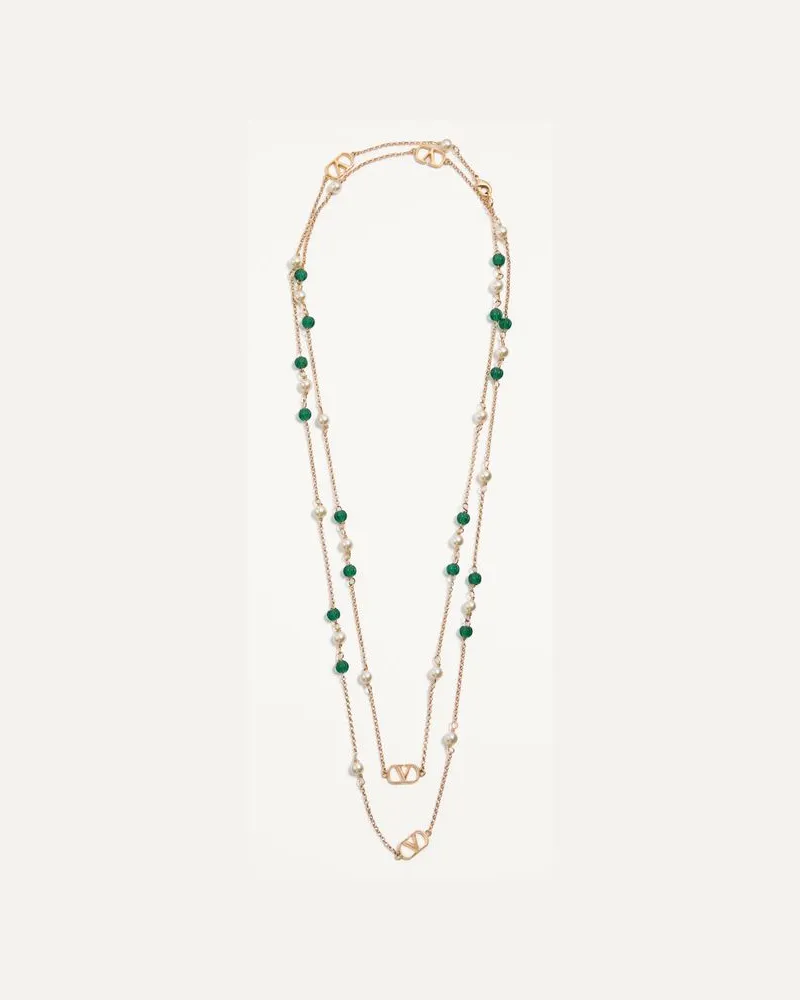 Valentino Garavani Vlogo Signature Lange Halskette Aus Metall, Perlen Und Gerändeltem Glas Frau GOLD/GRÜN Gold
