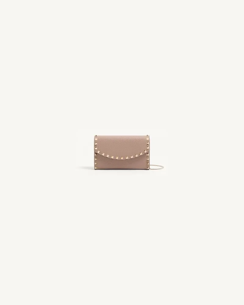 Valentino Garavani Rockstud Geldbörse Mit Kette Aus Genarbtem Kalbsleder Frau POUDRE Poudre