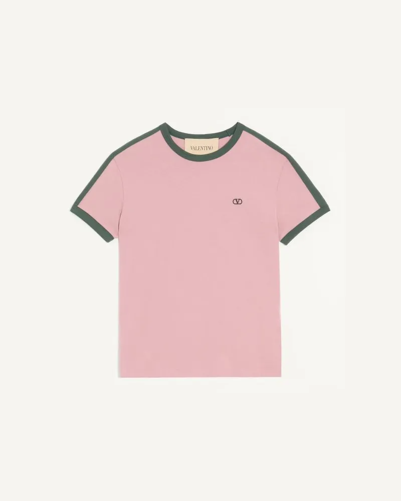 Valentino Garavani T-Shirt aus Baumwolle von Valentino mit Rundhalsausschnitt, kontrastierenden Seitenstreifen und VLogo-Stickerei Mann ROSA/GRÜN Rosa