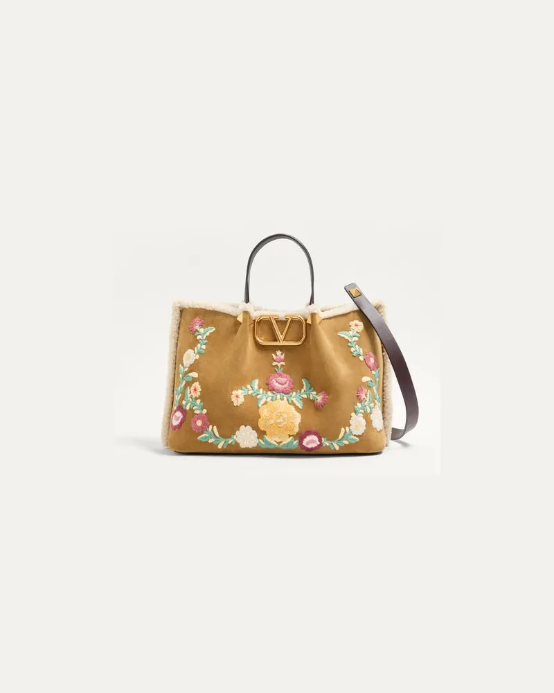 Valentino Garavani Valentino Garavani Mittelgroße Einkaufstasche Aus Wildleder Mit Blumenstickerei Und Schaffellfutter Frau HAVANA BEIGE Havana