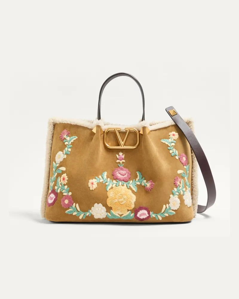 Valentino Garavani Valentino Garavani Mittelgroße Einkaufstasche Aus Wildleder Mit Blumenstickerei Und Schaffellfutter Frau HAVANA BEIGE Havana