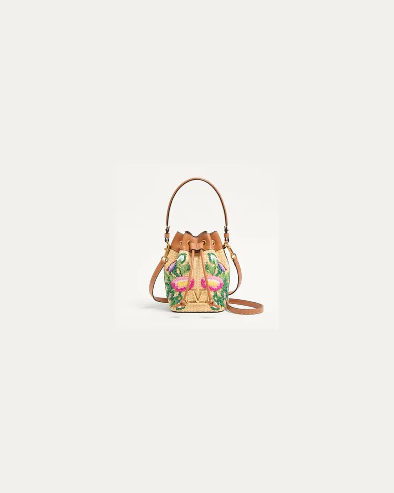 Valentino Garavani Vlogo Signature Mini Bucket Bag Aus Raffia Mit Floraler Stickerei Frau MULTICOLOR/KAMEL Multicolor
