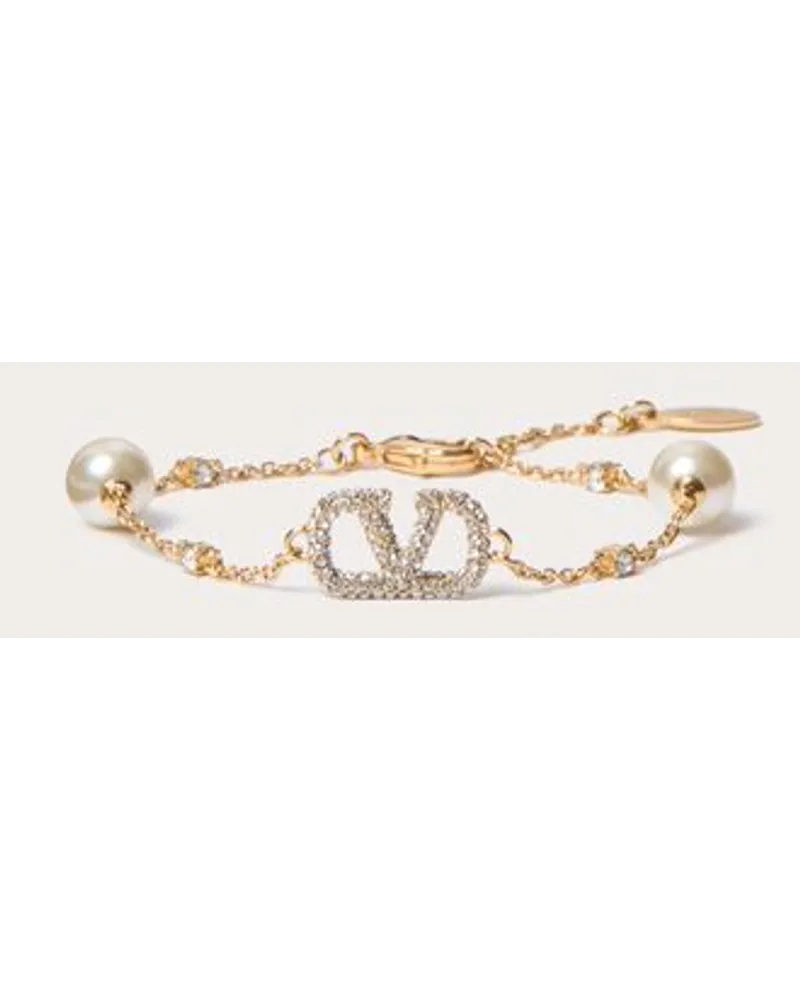 Valentino Garavani VLOGO SIGNATURE ARMBAND aus METALL, SWAROVSKI®-KRISTALLEN und PERLEN Frau Gold