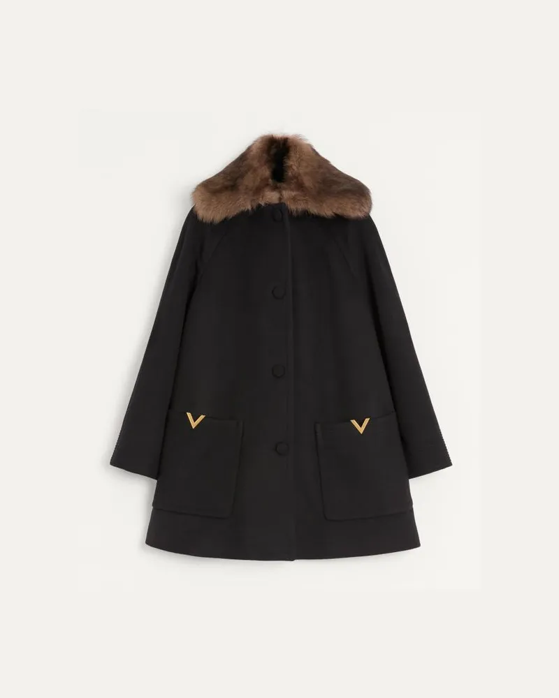 Valentino Garavani Wool Drap Mantel Mit V Gold Frau SCHWARZ Schwarz
