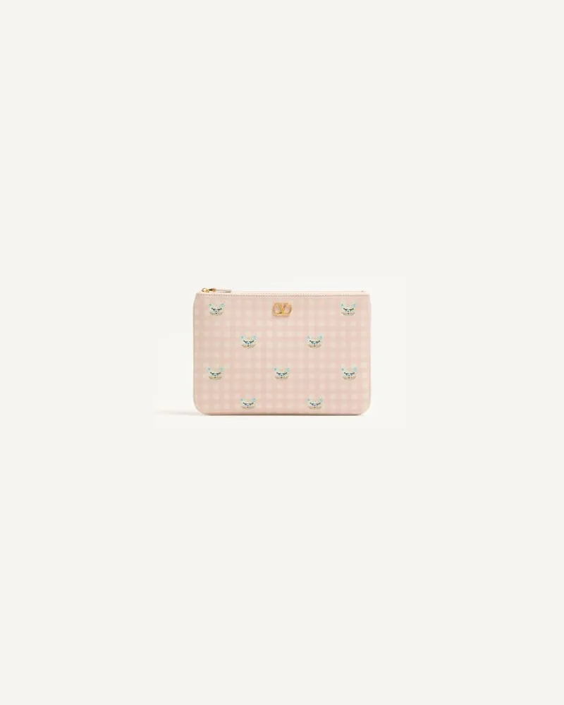 Valentino Garavani VLogo Signature Clutch Bag aus genarbtem Kalbsleder in Le Chat De La Maison-Muster Frau ROSA/ELFENBEIN Rosa