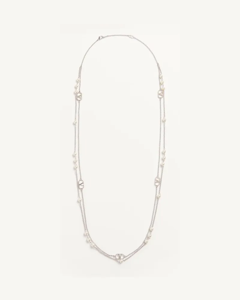 Valentino Garavani Vlogo Signature Halskette Aus Metall Mit Swarovski-Perlen Frau PALLADIUM/CREME Palladium