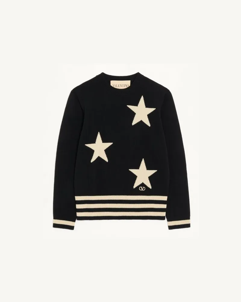 Valentino Garavani Valentino Wollpullover mit Rundhalsausschnitt, Sternmotiv und VLogo-Stickerei Mann SCHWARZ/BUTTER Schwarz