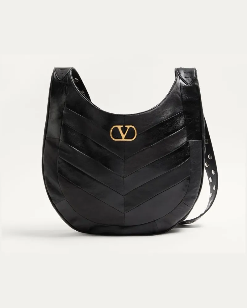 Valentino Garavani Valentino Garavani Hoboho Hobo Bag Aus Glänzendem Und Mattem Nappaleder Mit Patchwork-Design Und Chevron-Muster Frau SCHWARZ Schwarz