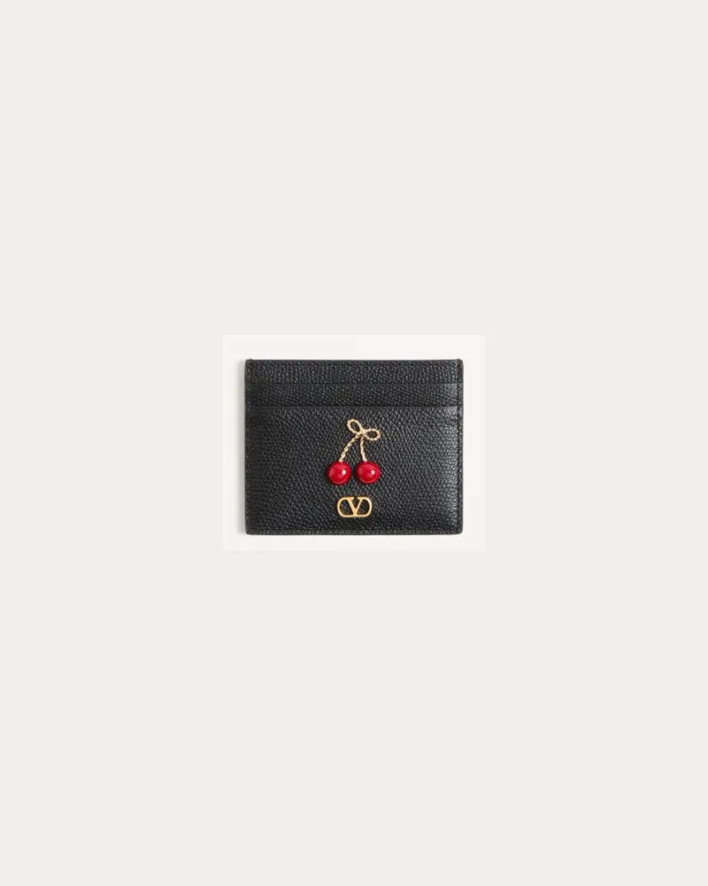 Valentino Garavani Cherryfic Kartenhalter aus genarbtem Kalbsleder Frau SCHWARZ Schwarz