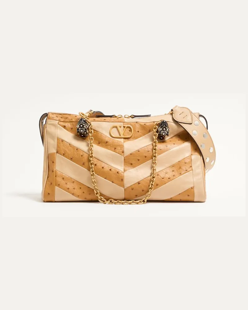 Valentino Garavani Valentino Garavani Panthea Mittelgroße Schultertasche Aus Straußenleder Und Nappaleder Mit Chevronmuster Frau TABAK/GOLD BEIGE Tabak