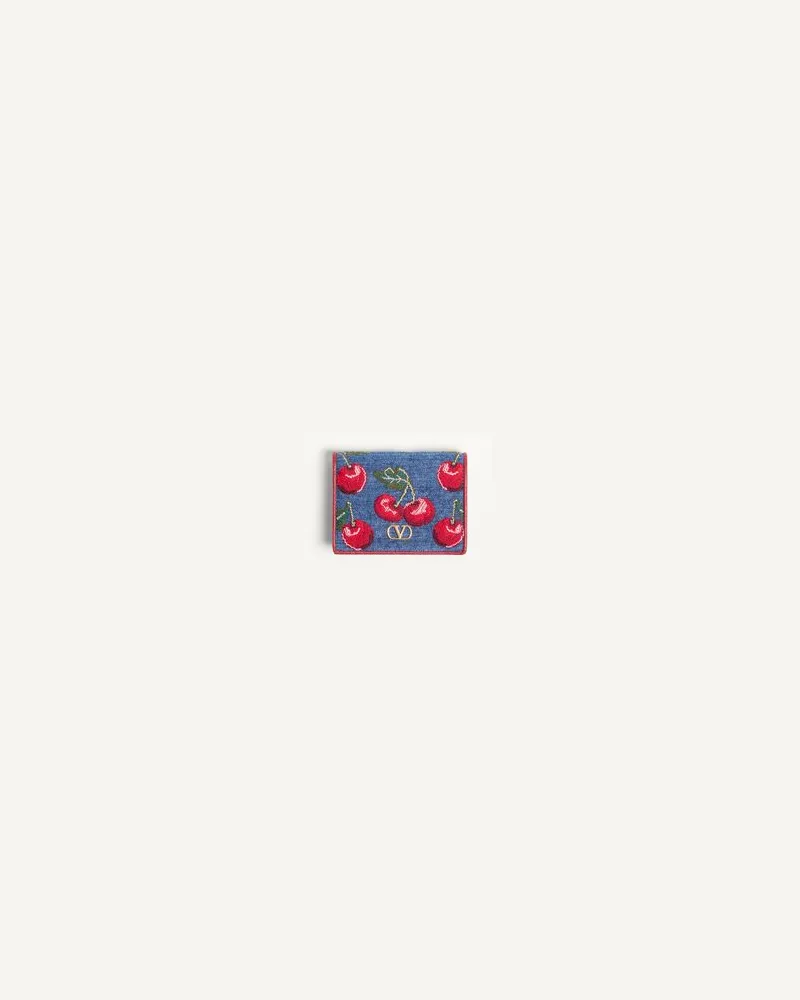 Valentino Garavani Vlogo Signature Denim-Brieftasche Mit Cherryfic-Stickerei Frau DENIM/MULTICOLOR Denim
