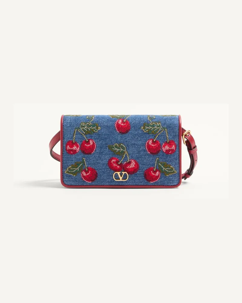 Valentino Garavani Vlogo Signature Mini-Schultertasche Aus Denim Mit Cherryfic-Stickerei Frau DENIM/MULTICOLOR Denim