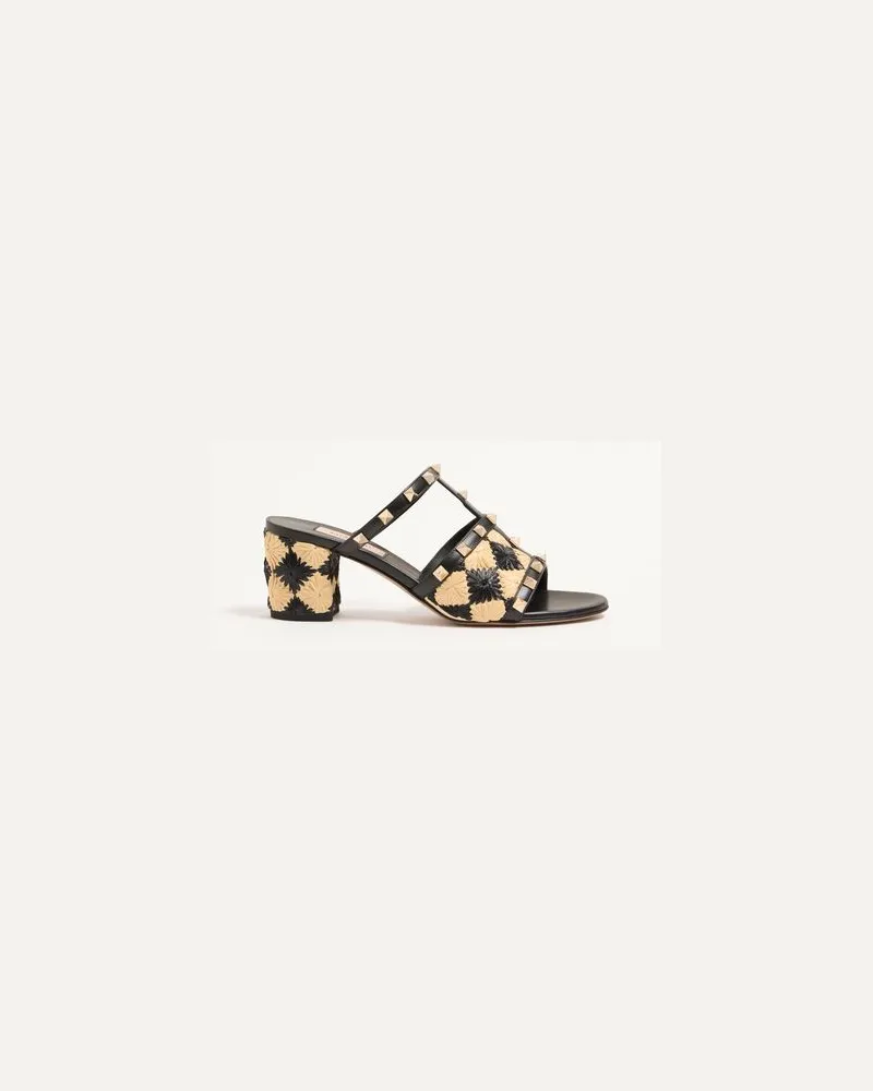 Valentino Garavani Rockstud Slide Sandale mit Raffia-Karo-Stickerei 60mm Frau NATUR/SCHWARZ Natur