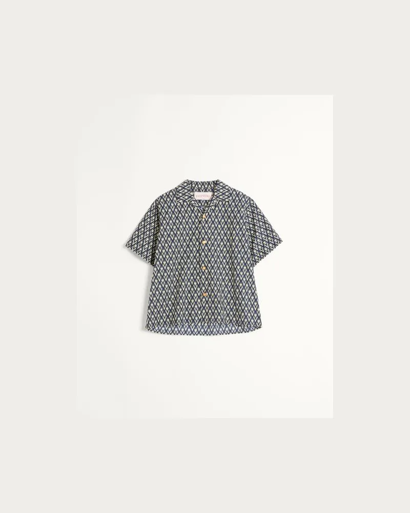 Valentino Garavani Bowlinghemd Aus Baumwollpopeline Mit Toute La V Print Mann MARINEBLAU/CREME Marineblau