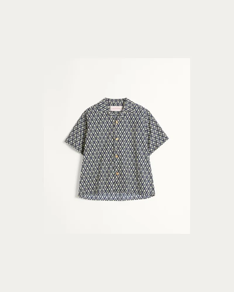 Valentino Garavani Bowlinghemd Aus Baumwollpopeline Mit Toute La V Print Mann MARINEBLAU/CREME Marineblau