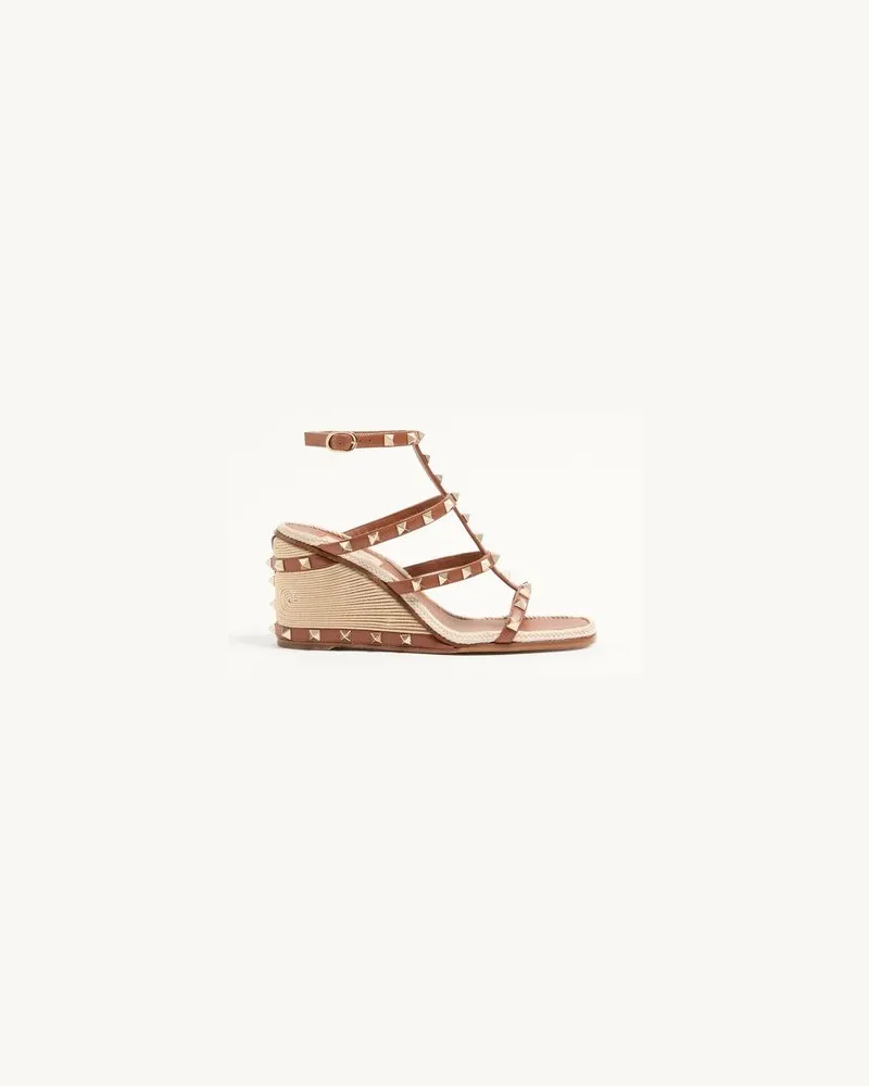 Valentino Garavani Rockstud Wedge-Sandalen Aus Kalbsleder Mit Cornely-Stickerei 80 Mm Frau SADDLE BROWN/NATUR Saddle