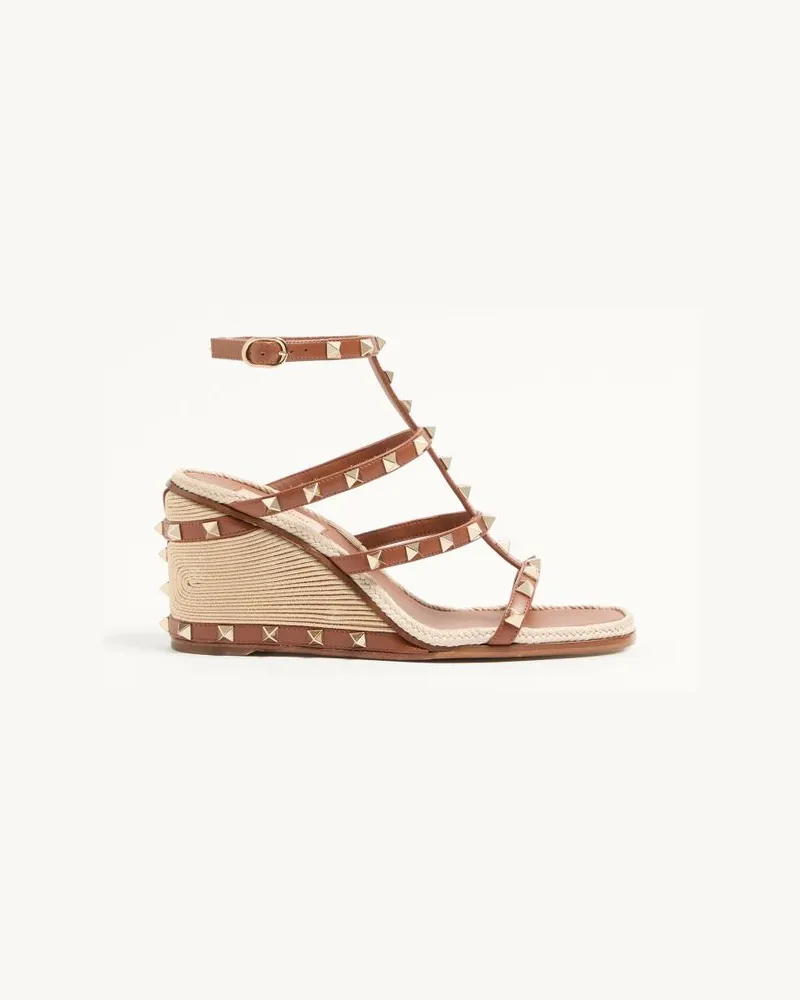 Valentino Garavani Rockstud Wedge-Sandalen Aus Kalbsleder Mit Cornely-Stickerei 80 Mm Frau SADDLE BROWN/NATUR Saddle
