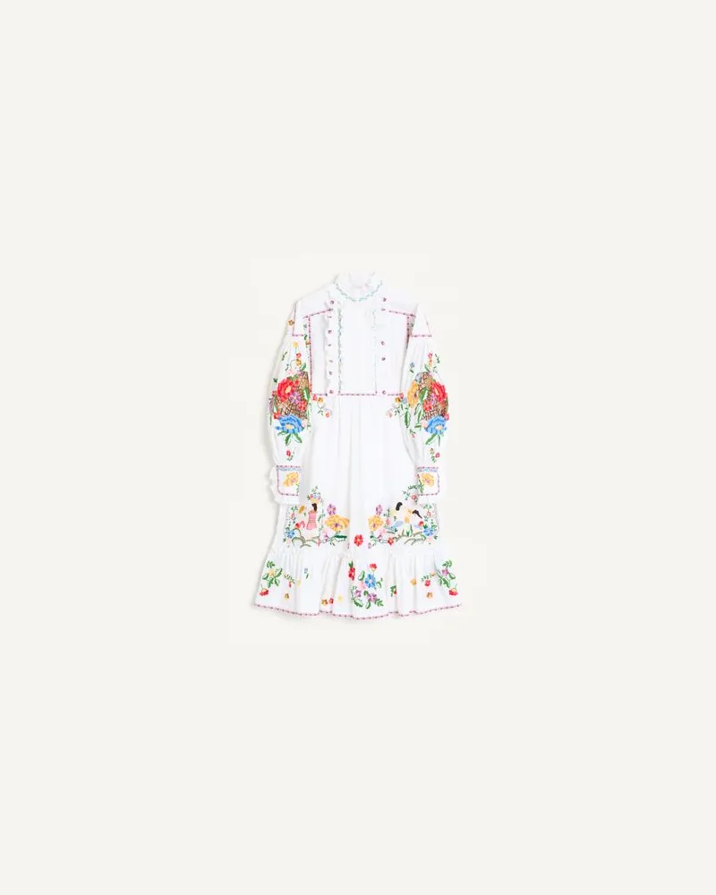 Valentino Garavani Besticktes Kleid Aus Baumwolle Und Leinen Frau WEISS/MEHRFARBIG Weiss