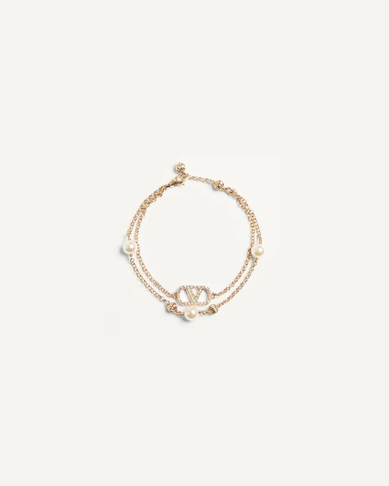 Valentino Garavani VLOGO SIGNATURE ARMBAND AUS METALL, PERLEN UND SWAROVSKI-KRISTALLEN Frau GOLD/CREME/CRYSTAL Gold