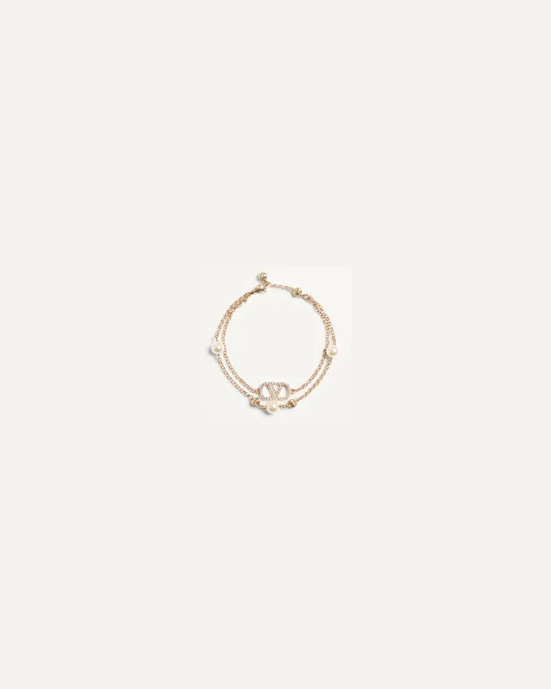Valentino Garavani VLOGO SIGNATURE ARMBAND AUS METALL, PERLEN UND SWAROVSKI®-KRISTALLEN Frau GOLD/CREME/CRYSTAL Gold