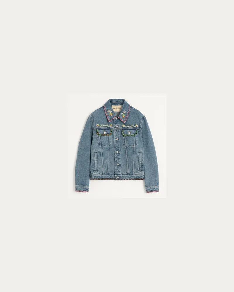 Valentino Garavani Jeansjacke Mit Perlenstickerei Und Bedruckten Kanten Mann BLAU Blau