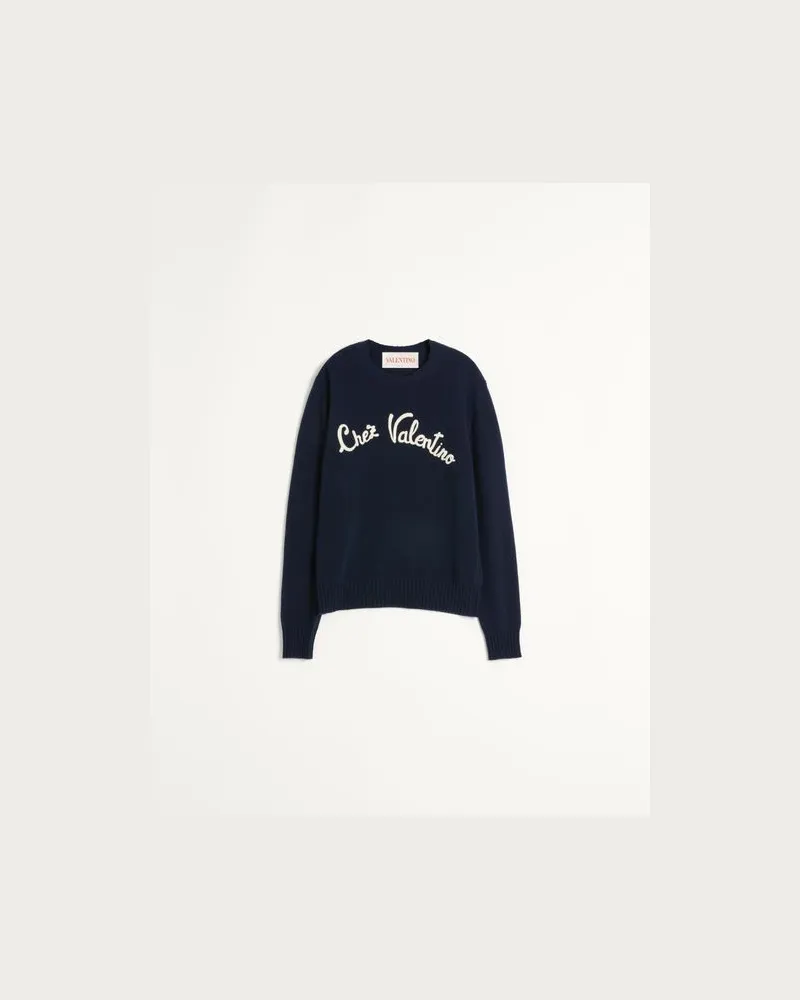 Valentino Garavani Rundhalspullover Aus Wolle Mit Chez Valentino-Stickerei Mann INDIGO Indigo
