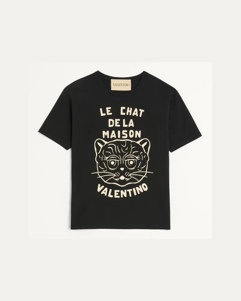 Valentino Garavani T-Shirt Aus Baumwolle Mit Le Chat De La Maison Print Mann SCHWARZ/BUTTER Schwarz