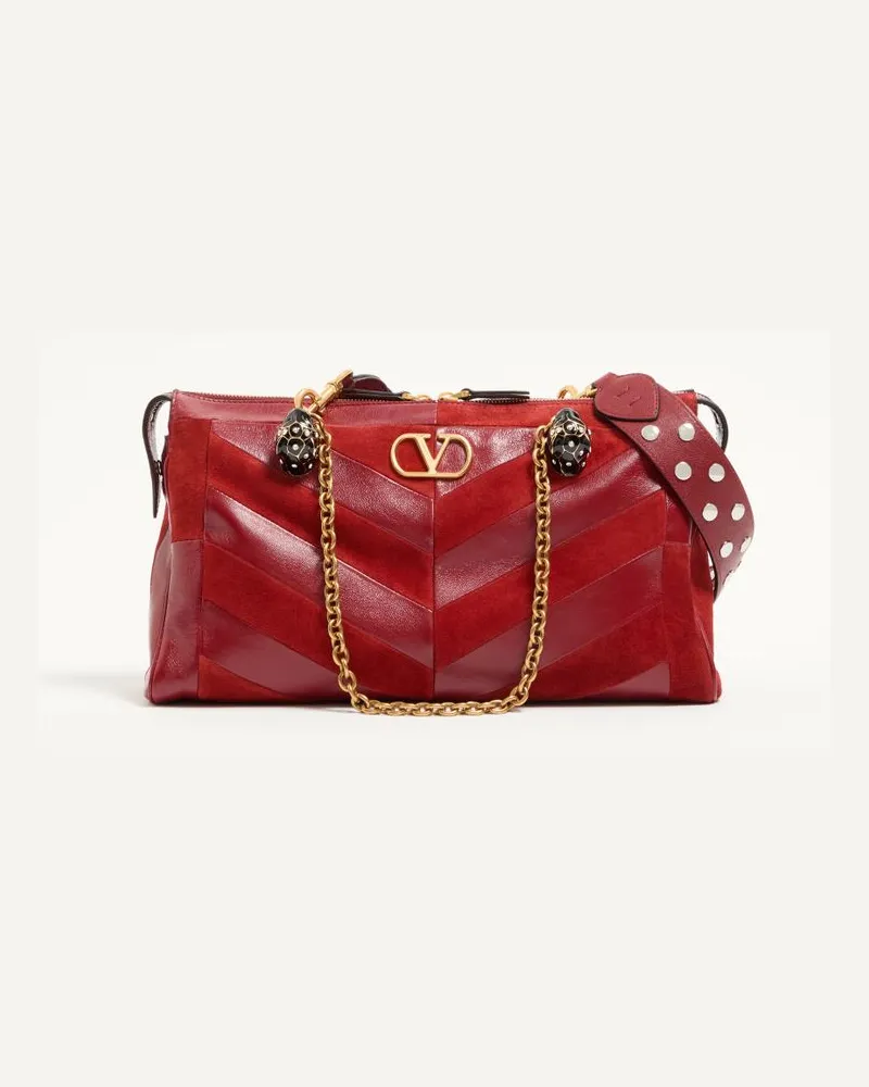 Valentino Garavani Mittelgroße Valentino Garavani Panthea Schultertasche aus Wildleder und Nappaleder mit Chevron-Motiv Frau ROT Rot