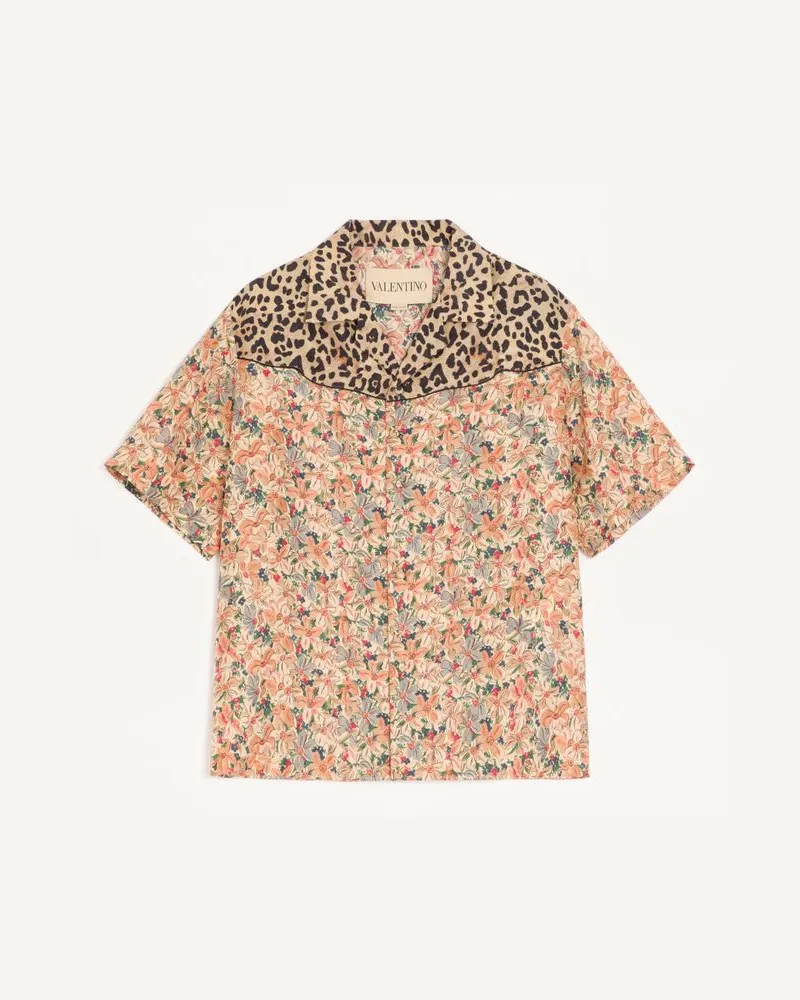 Valentino Garavani Valentino-Bowlinghemd aus Seidenpopeline mit Fauve Eclat Animalier- und Papier Floral-Prints Mann MULTICOLOR Multicolor