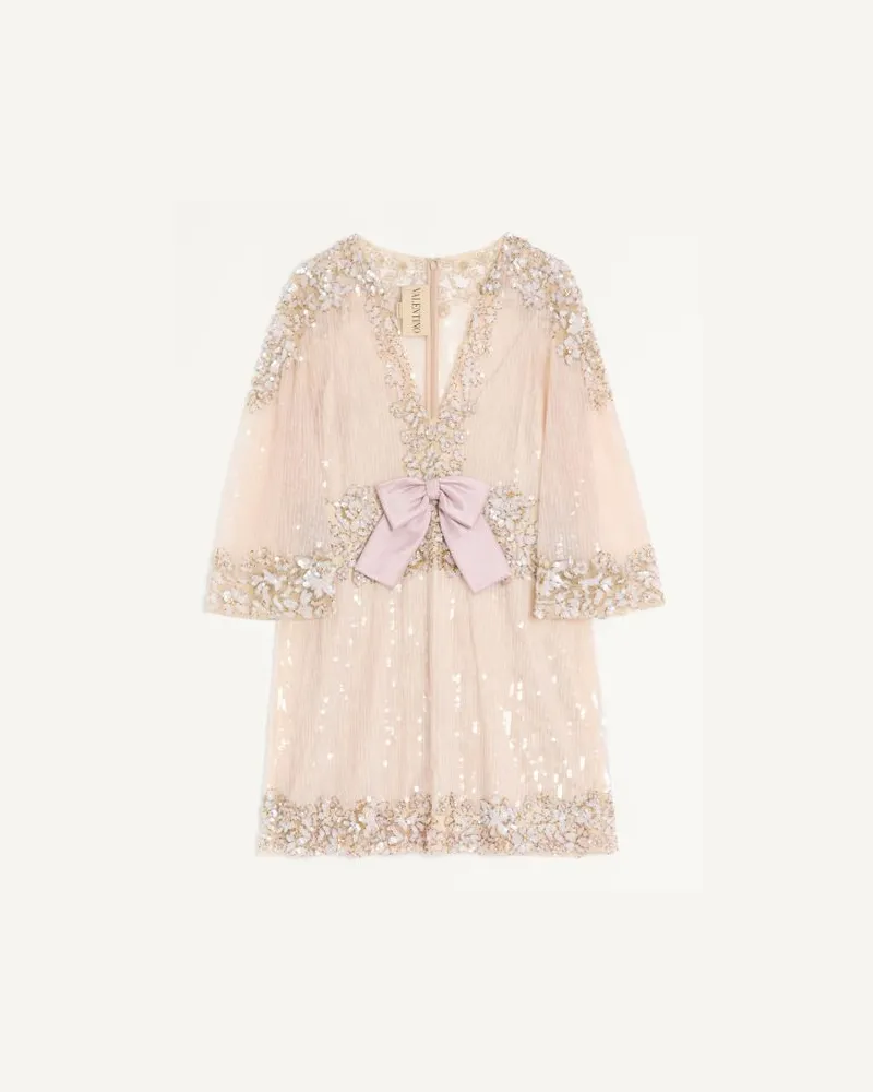 Valentino Garavani Kurzes Besticktes Kleid Tulle Illusione Frau ROSA Rosa