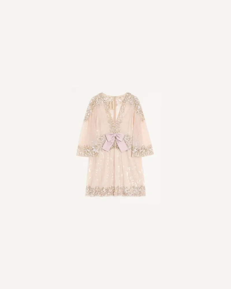 Valentino Garavani Kurzes Besticktes Kleid Tulle Illusione Frau ROSA Rosa