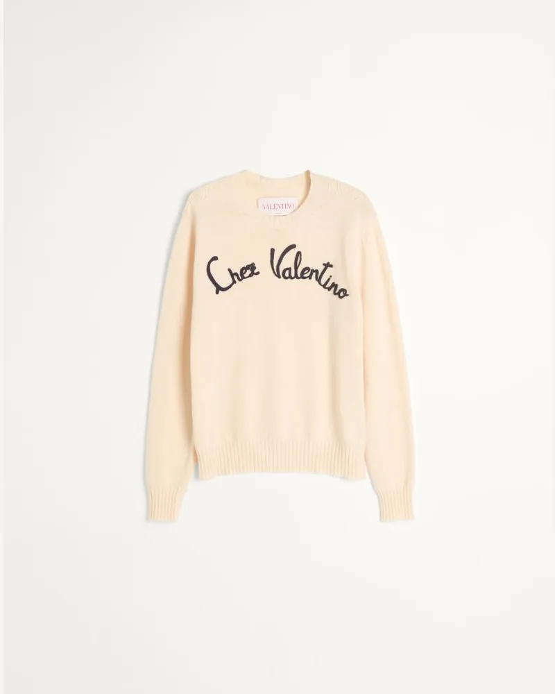 Valentino Garavani Rundhalspullover Aus Wolle Mit Chez Valentino-Stickerei Mann BUTTER Butter
